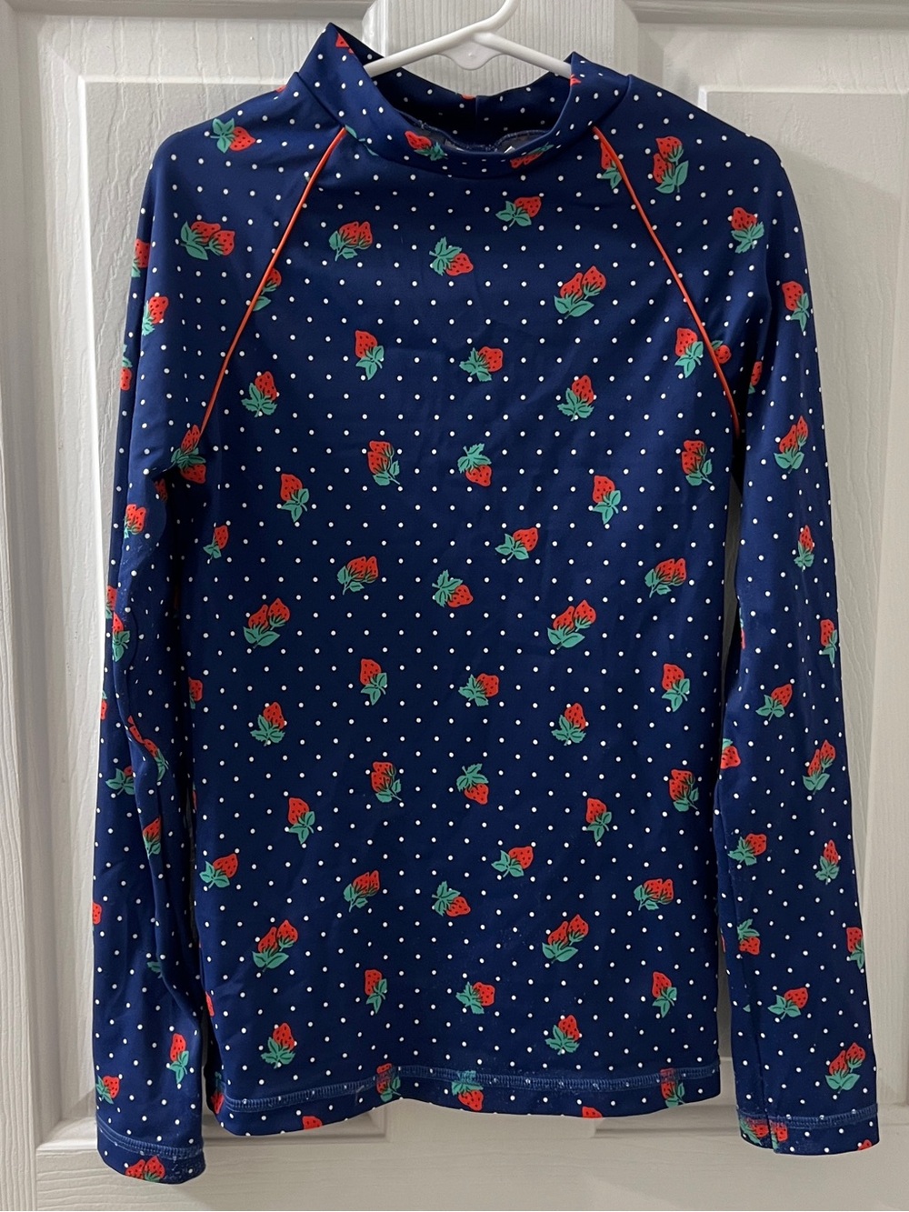 Mini Boden Girls strawberry polka dot rash guard high neck swim top Sz 9-10